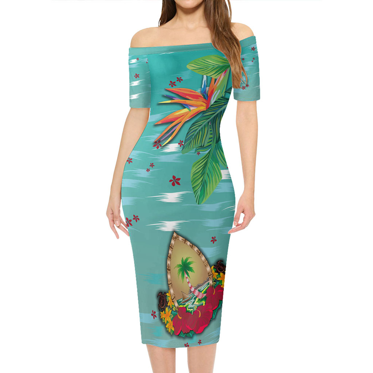 Guam Short Sleeve Off The Shoulder Lady Dress Latte Stones Hibiscus