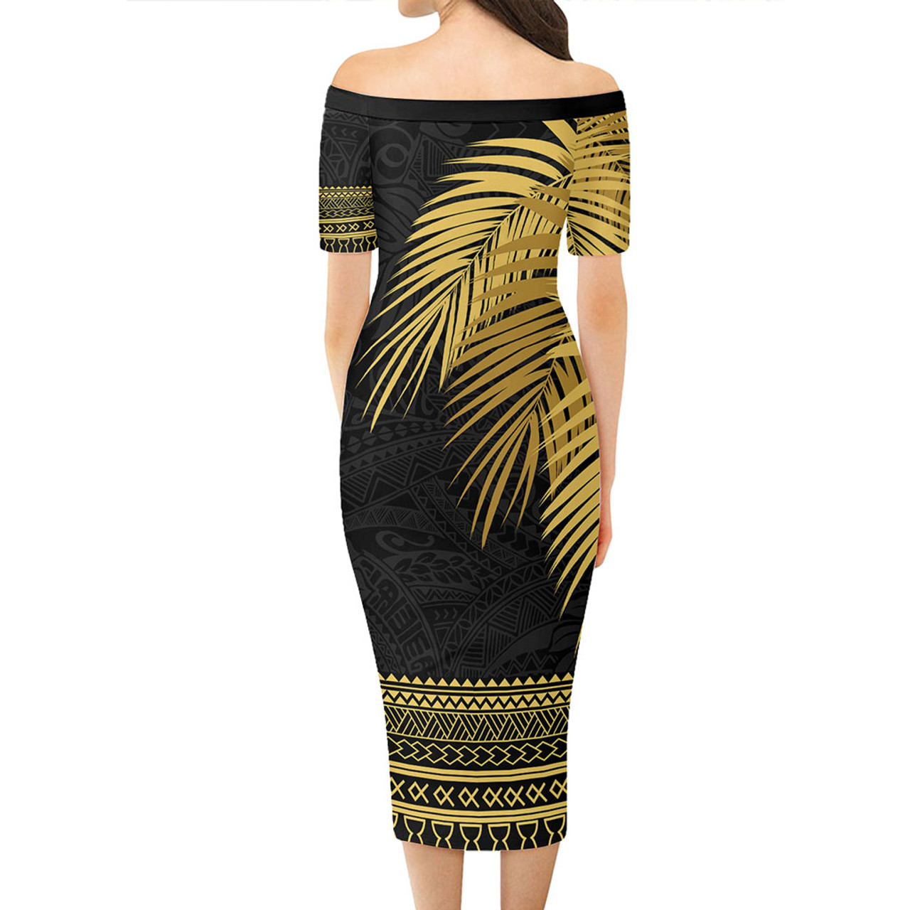 Guam Short Sleeve Off The Shoulder Lady Dress Polynesian Fabric Leaves Gold