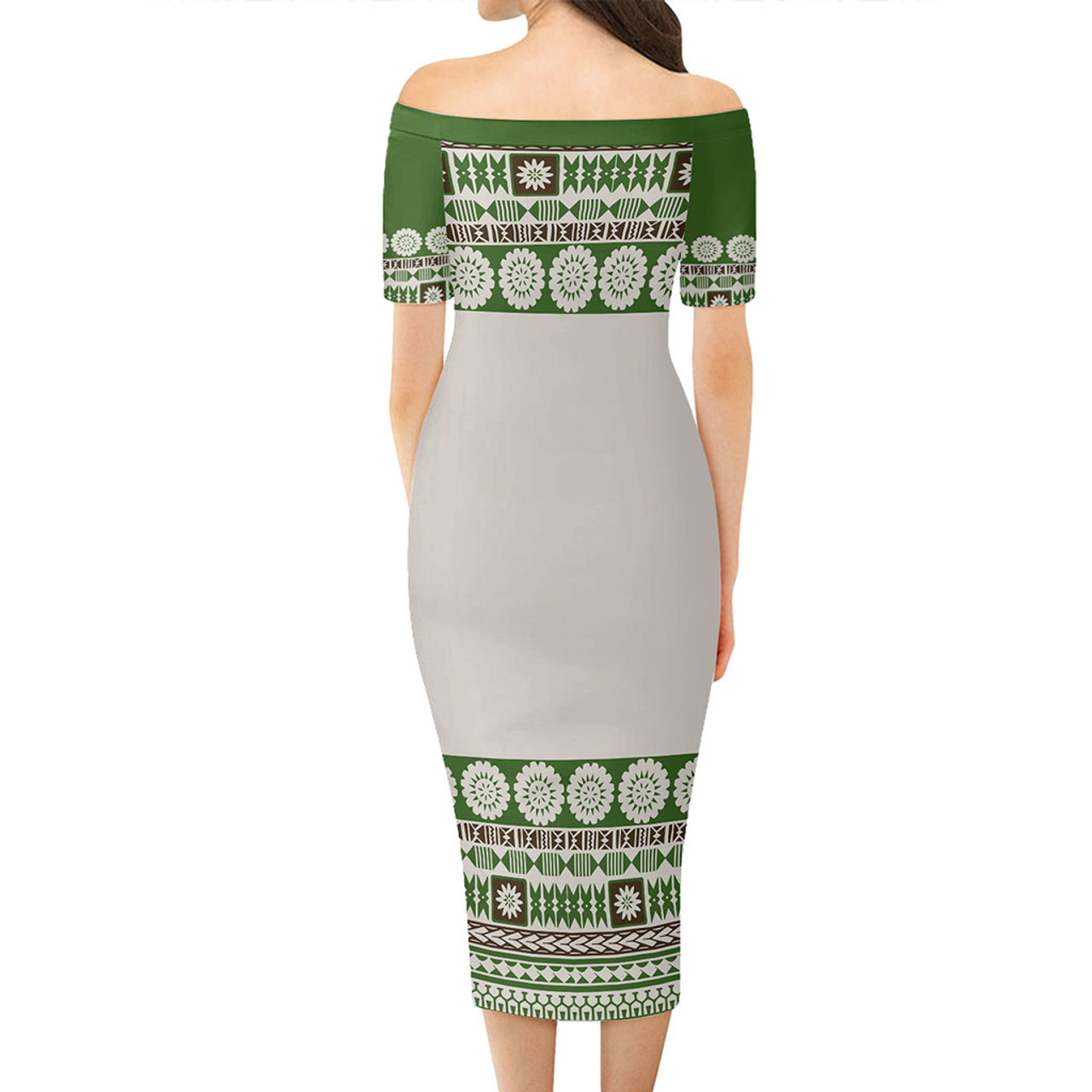 Fiji Short Sleeve Off The Shoulder Lady Dress Tapa Pattern