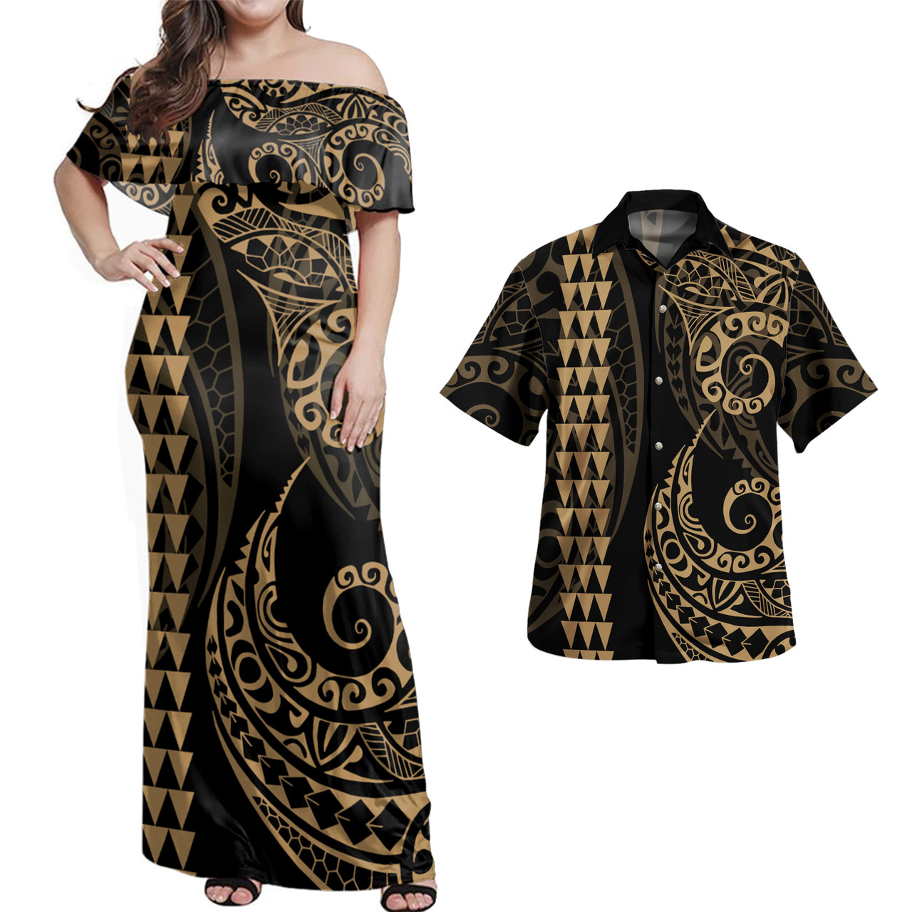 Hawaii Polynesian Combo Dress And Shirt Hawaiian Kakau Style Golden