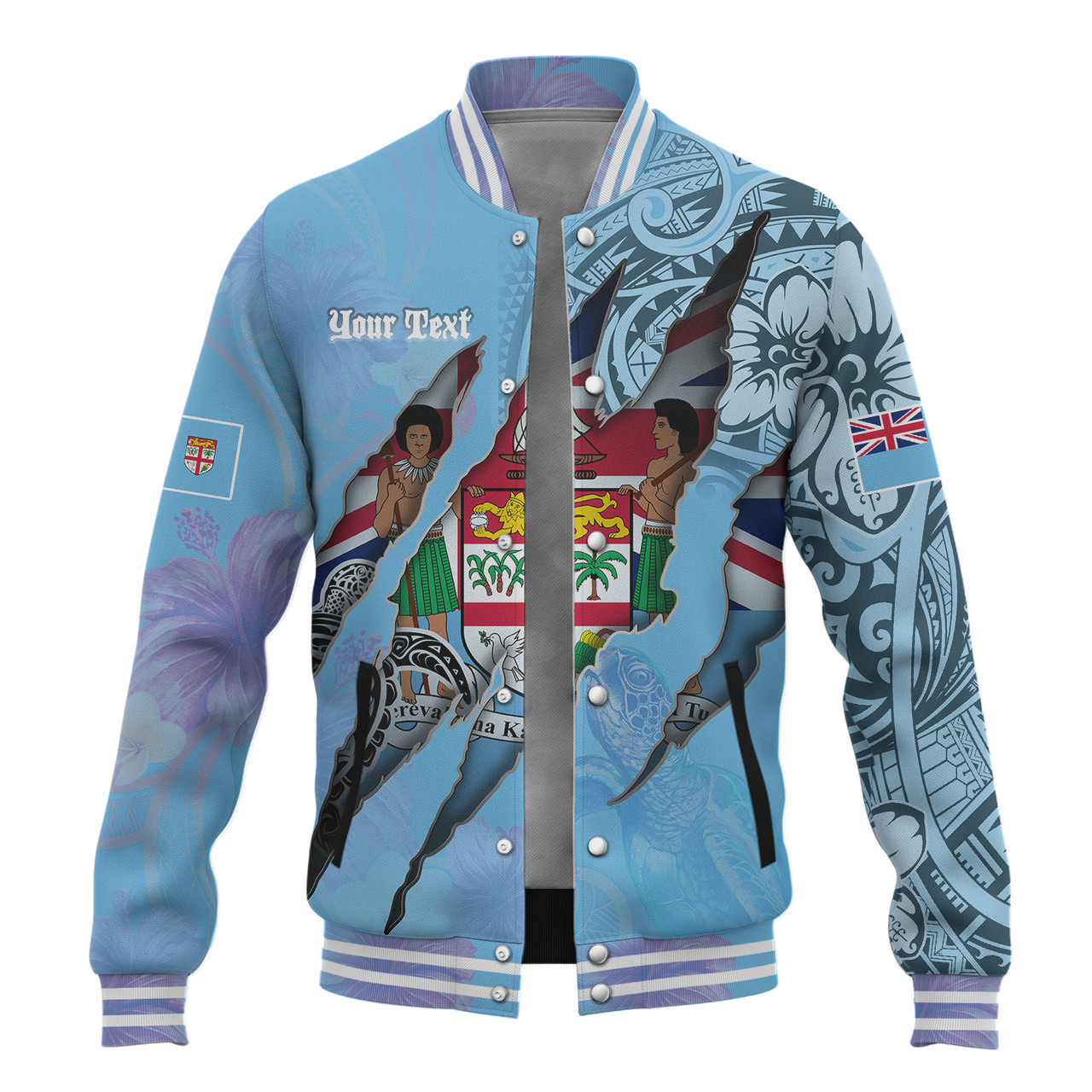 Fiji Baseball Jacket Custom Fijians Blood Inside Me Polynesian Sleeve Tattoo Tropical Blue