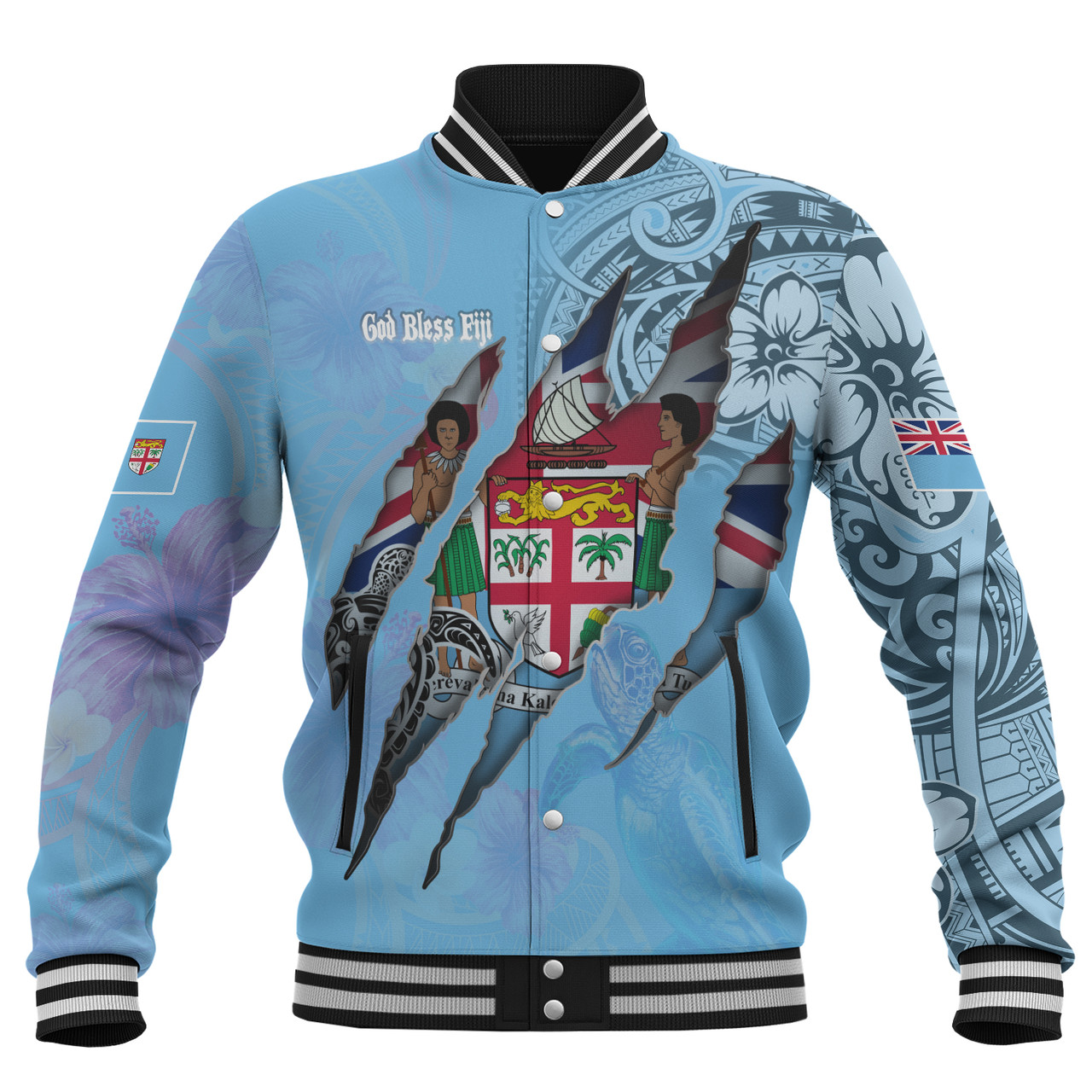 Fiji Baseball Jacket Custom Fijians Blood Inside Me Polynesian Sleeve Tattoo Tropical Blue