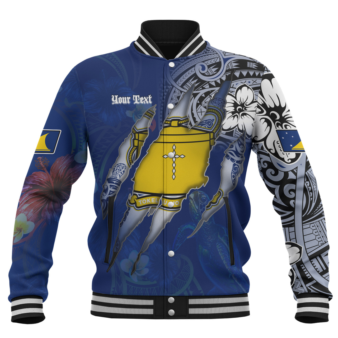 Tokelau Baseball Jacket Custom Tokelauan Blood Inside Me Polynesian Sleeve Tattoo Tropical Blue