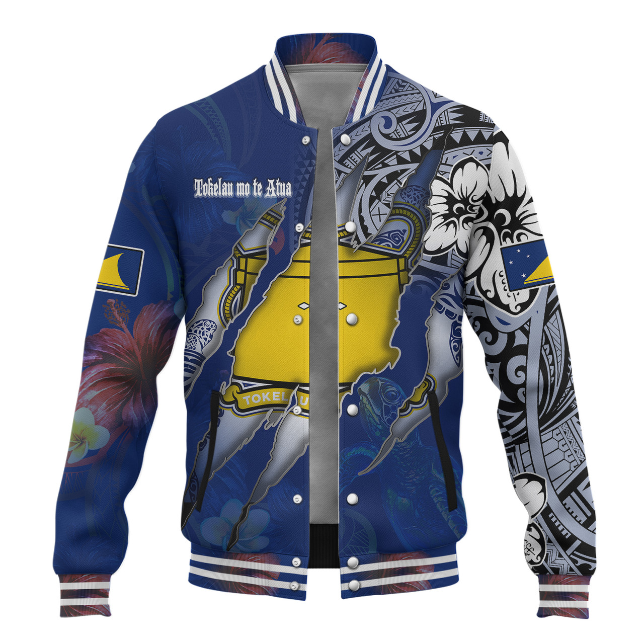 Tokelau Baseball Jacket Custom Tokelauan Blood Inside Me Polynesian Sleeve Tattoo Tropical Blue