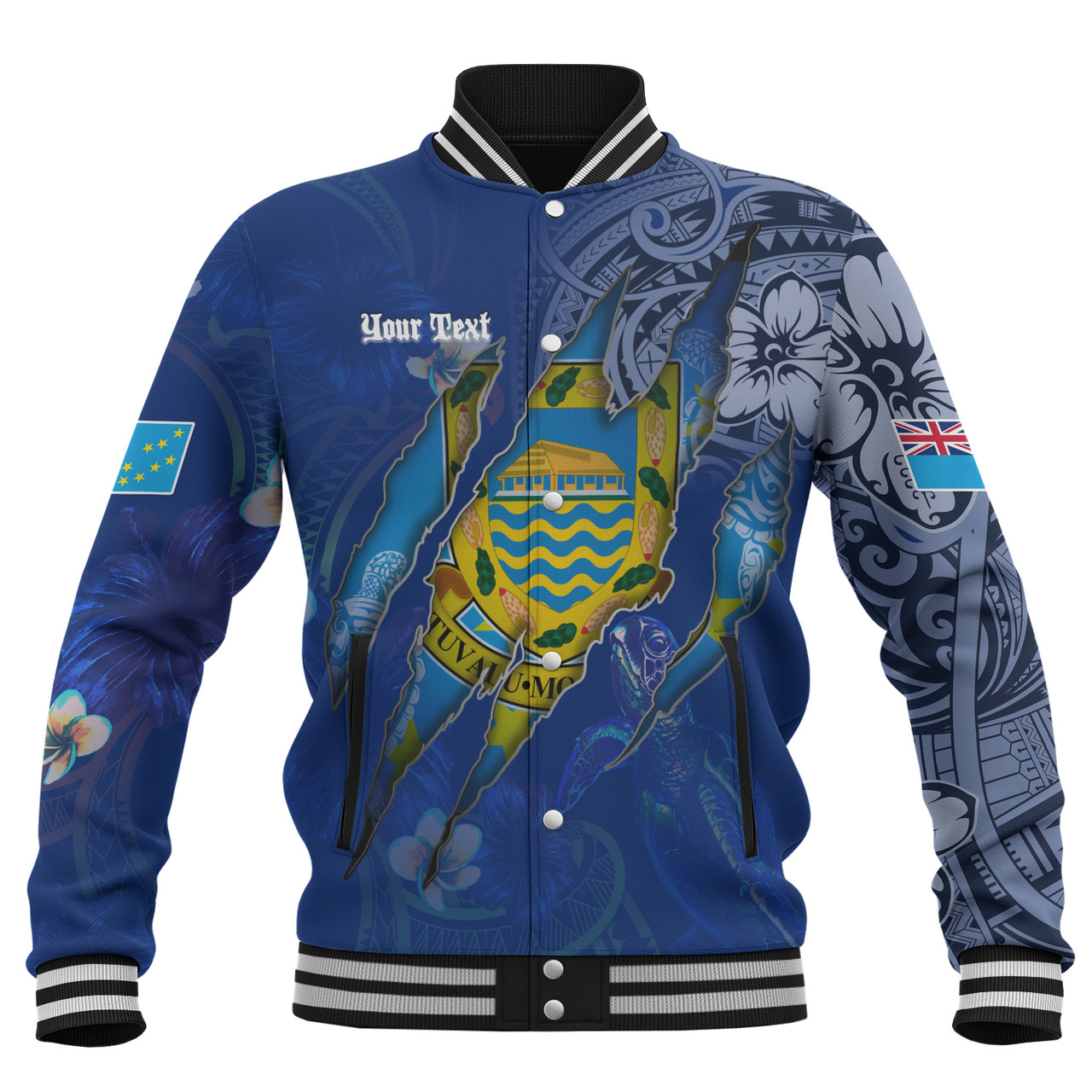 Tuvalu Baseball Jacket Custom Tuvaluan Blood Inside Me Polynesian Sleeve Tattoo Tropical Blue