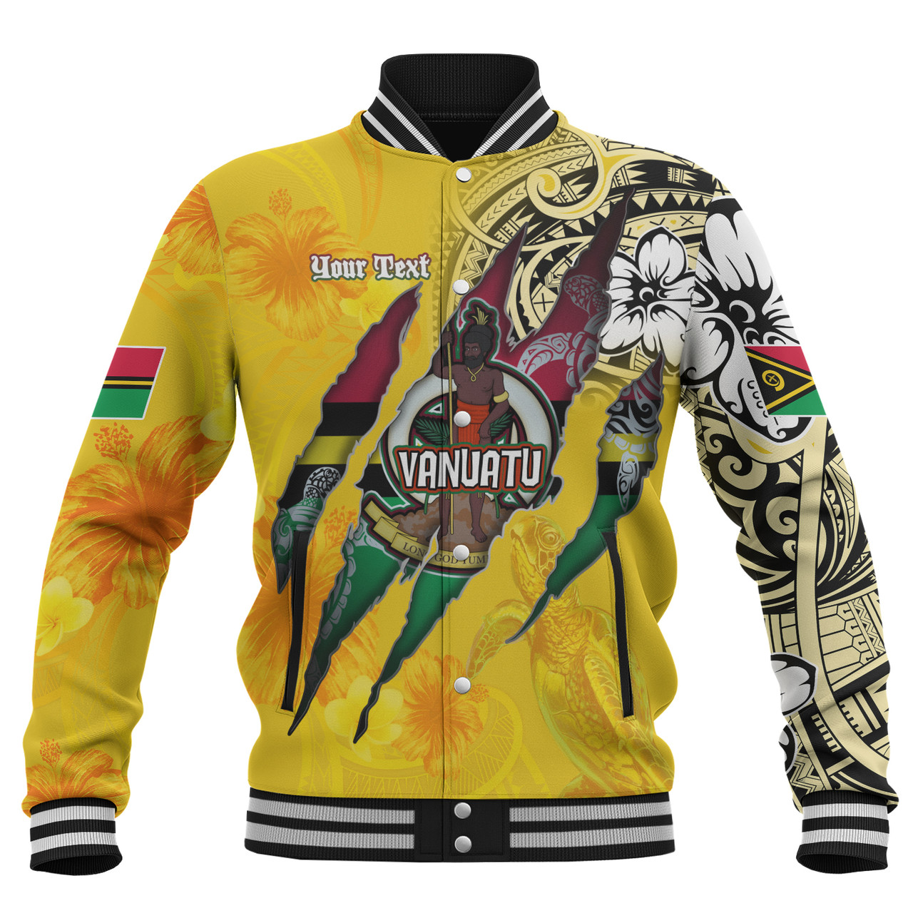 Vanuatu Baseball Jacket Custom Vanuatuan‎ Blood Inside Me Polynesian Sleeve Tattoo Tropical Yellow