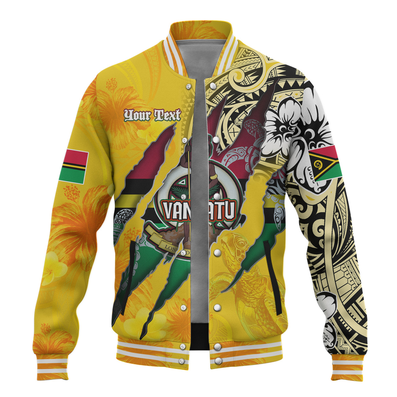 Vanuatu Baseball Jacket Custom Vanuatuan‎ Blood Inside Me Polynesian Sleeve Tattoo Tropical Yellow