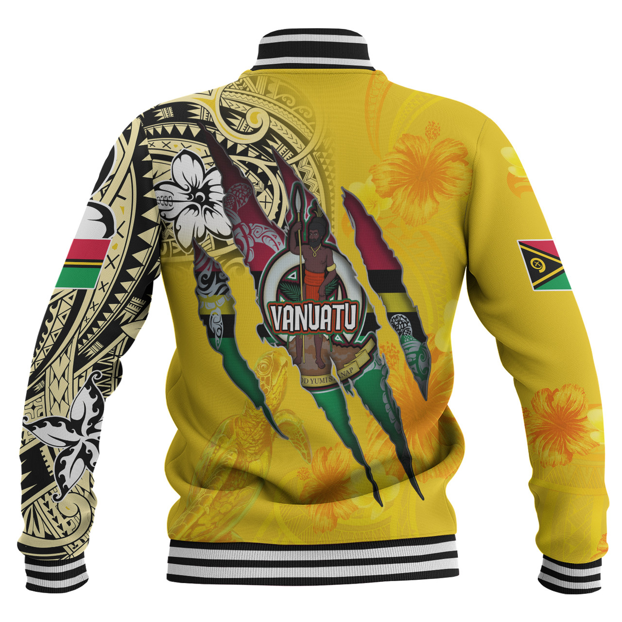 Vanuatu Baseball Jacket Custom Vanuatuan‎ Blood Inside Me Polynesian Sleeve Tattoo Tropical Yellow