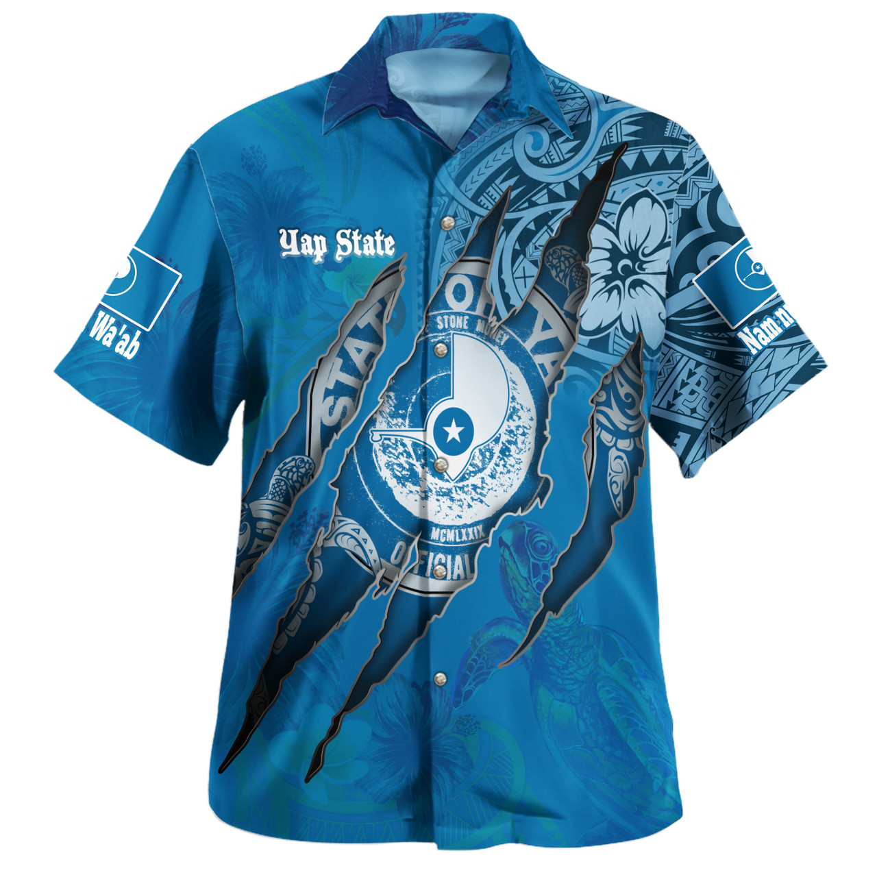 Yap State Hawaiian Shirt Custom Yapese Blood Inside Me Polynesian Sleeve Tattoo Tropical Blue