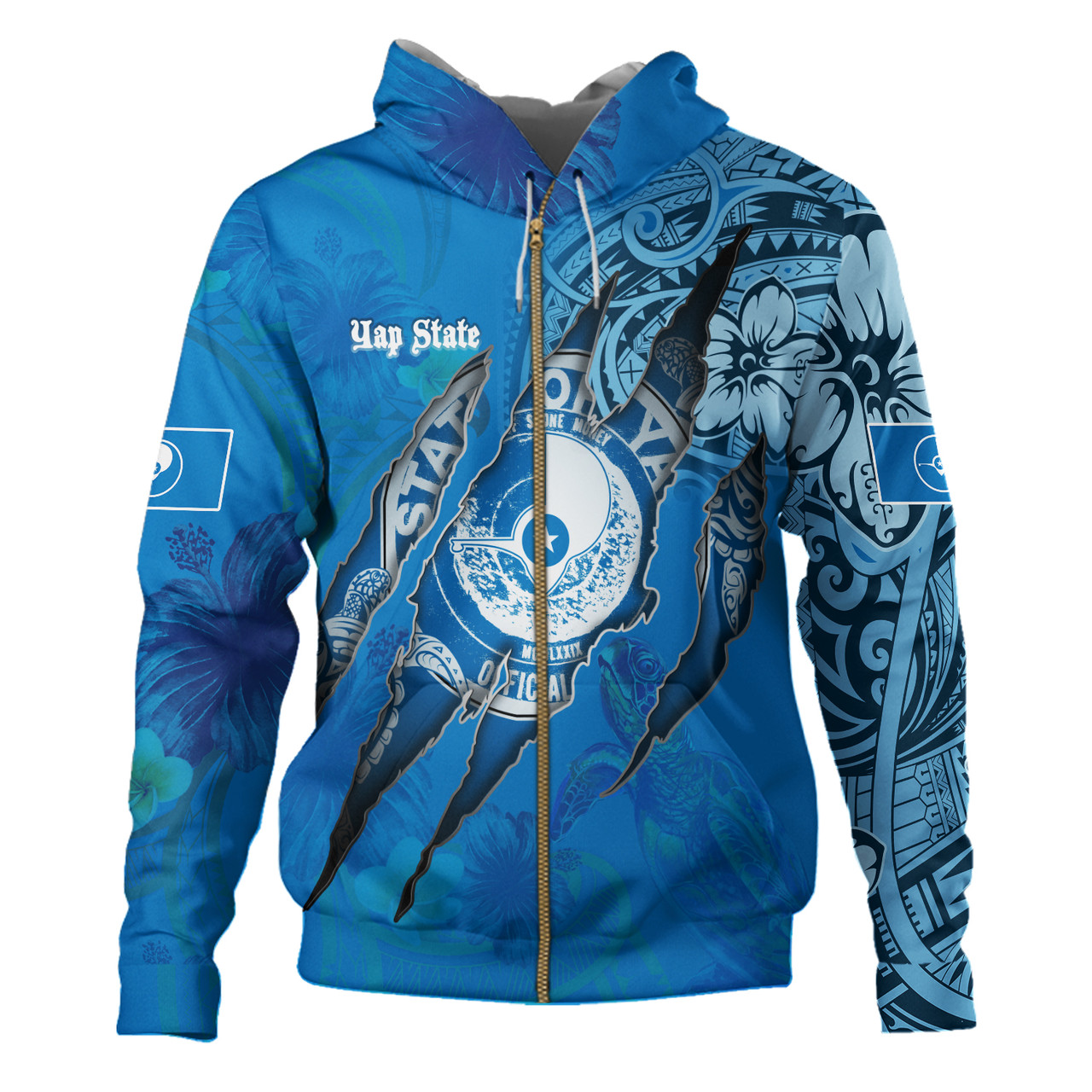 Yap State Hoodie Custom Yapese Blood Inside Me Polynesian Sleeve Tattoo Tropical Blue