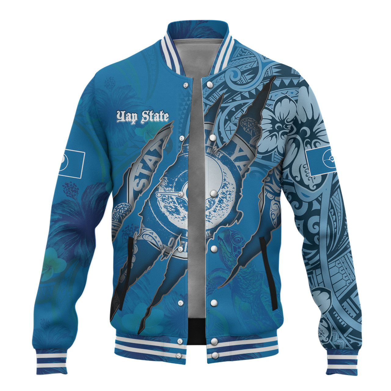 Yap State Baseball Jacket Custom Yapese Blood Inside Me Polynesian Sleeve Tattoo Tropical Blue