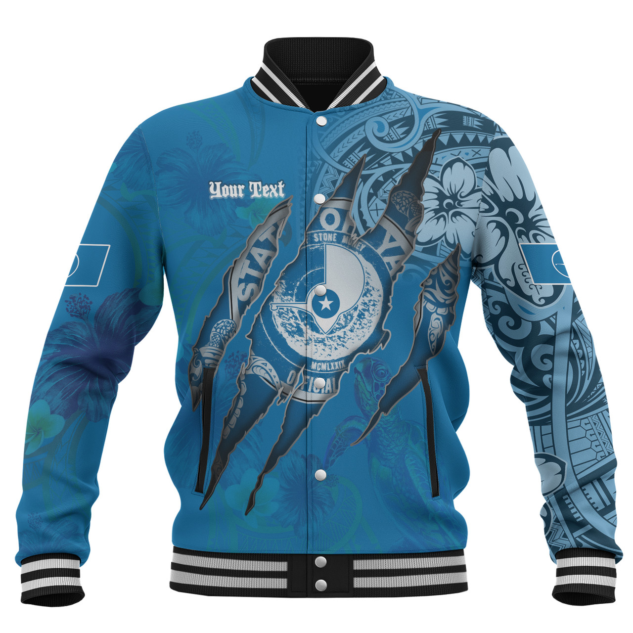 Yap State Baseball Jacket Custom Yapese Blood Inside Me Polynesian Sleeve Tattoo Tropical Blue