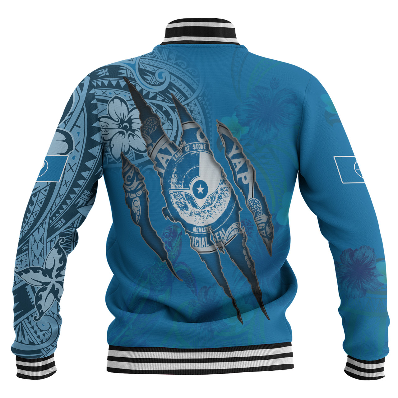 Yap State Baseball Jacket Custom Yapese Blood Inside Me Polynesian Sleeve Tattoo Tropical Blue