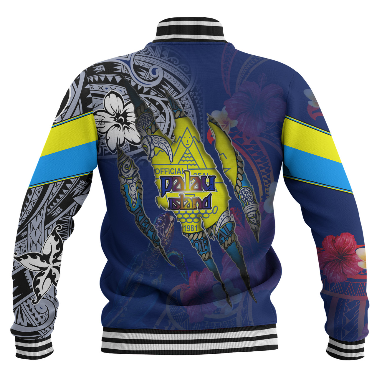 Palau Baseball Jacket Custom Palauan Blood Inside Me Polynesian Sleeve Tattoo Tropical Blue