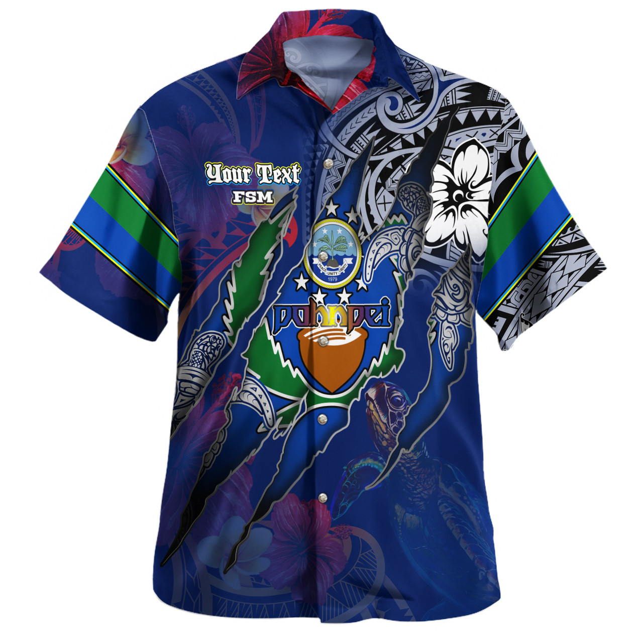 Pohnpei State Hawaiian Shirt Custom Pohnpeian Blood Inside Me Polynesian Sleeve Tattoo Tropical Blue