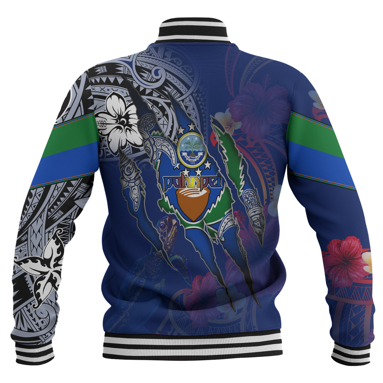 Pohnpei State Baseball Jacket Custom Pohnpeian Blood Inside Me Polynesian Sleeve Tattoo Tropical Blue