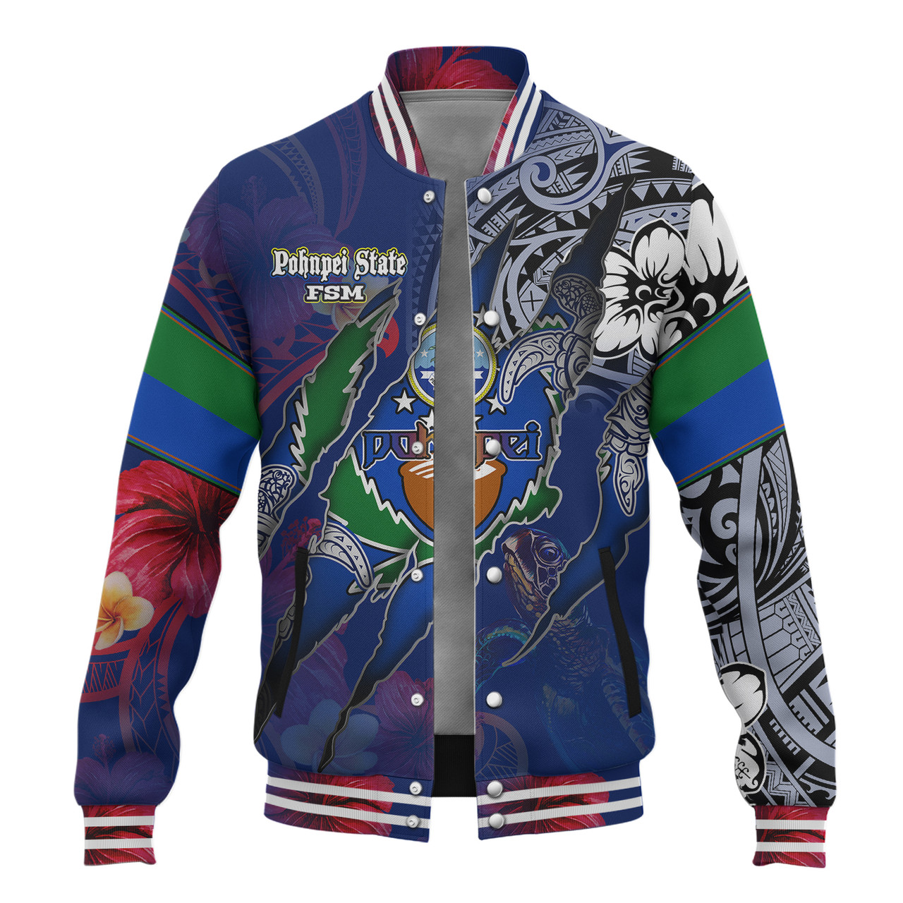 Pohnpei State Baseball Jacket Custom Pohnpeian Blood Inside Me Polynesian Sleeve Tattoo Tropical Blue