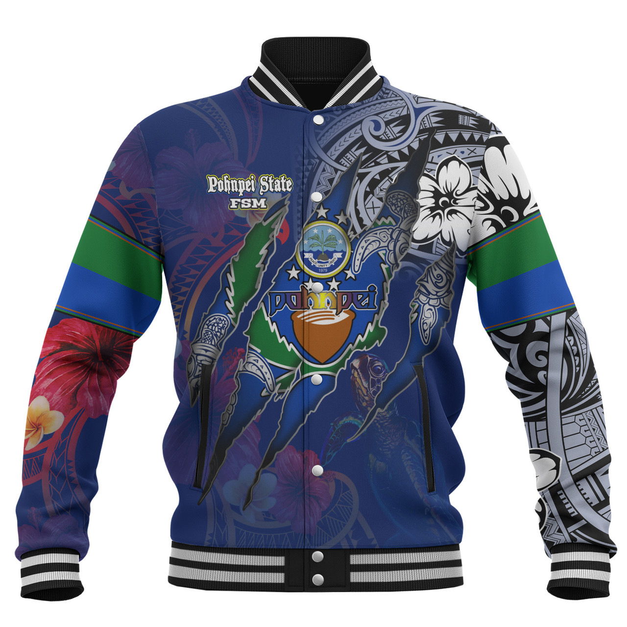 Pohnpei State Baseball Jacket Custom Pohnpeian Blood Inside Me Polynesian Sleeve Tattoo Tropical Blue