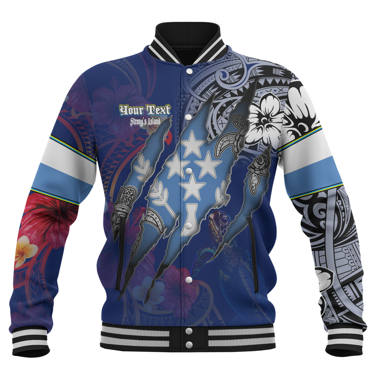 Kosrae Baseball Jacket Custom Kosraean Blood Inside Me Polynesian Sleeve Tattoo Tropical Blue