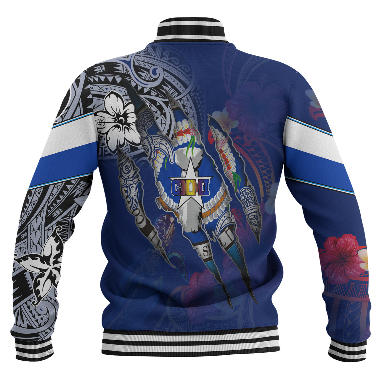 Northern Mariana Islands Baseball Jacket Custom CNMI Blood Inside Me Polynesian Sleeve Tattoo Tropical Blue