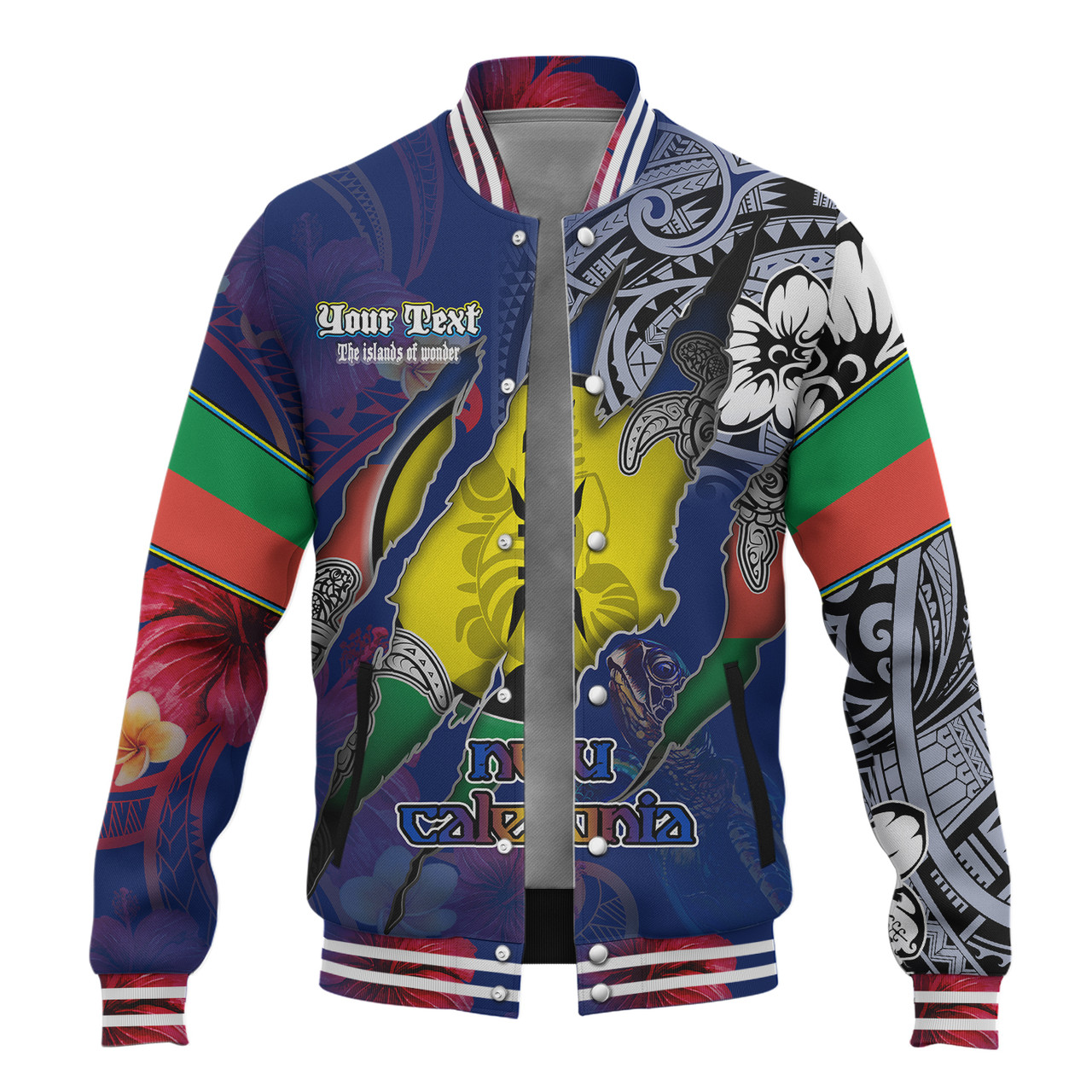 New Caledonia Baseball Jacket Custom New Caledonian Blood Inside Me Polynesian Sleeve Tattoo Tropical Blue