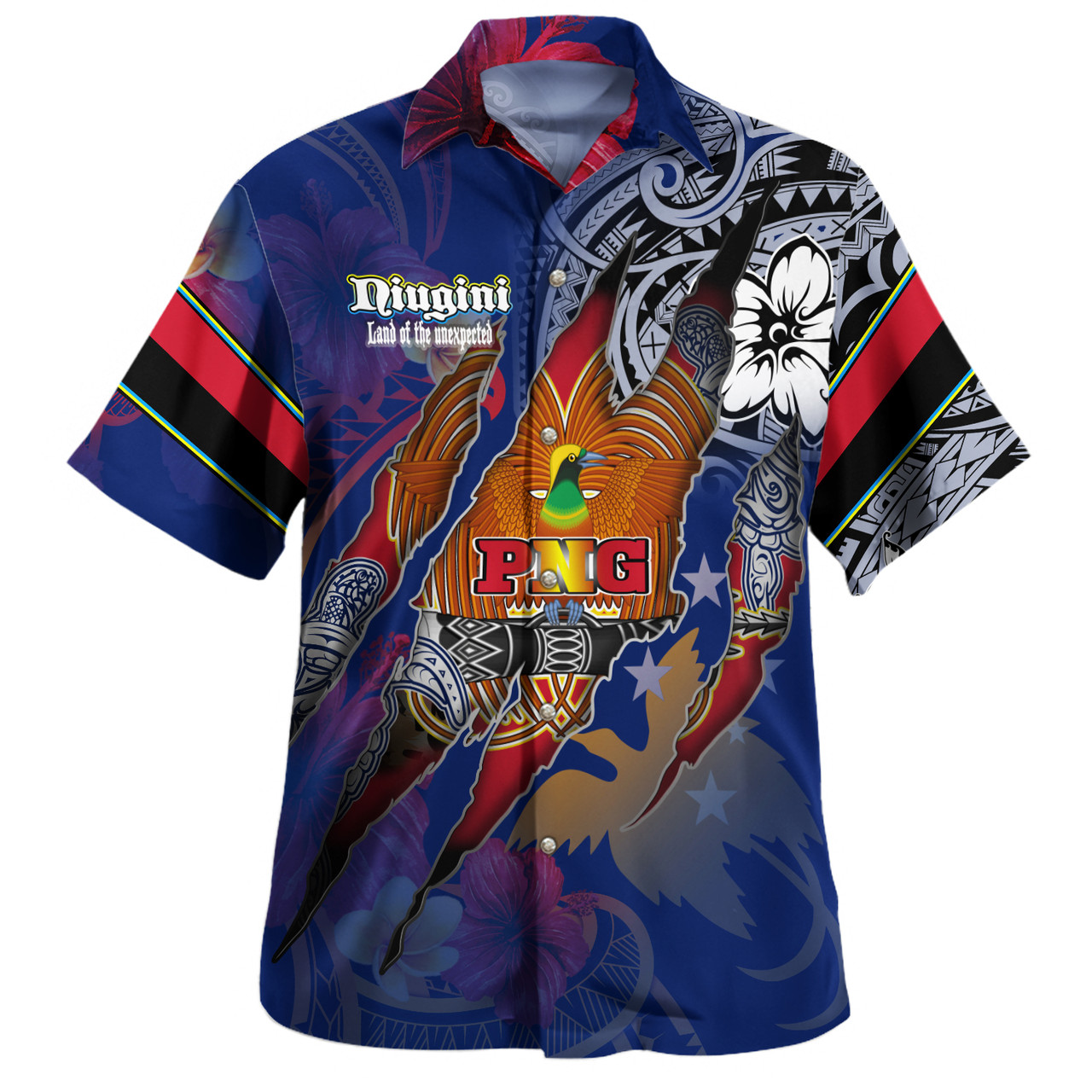 Papua New Guinea Hawaiian Shirt Custom Papuan Blood Inside Me Polynesian Sleeve Tattoo Tropical Blue