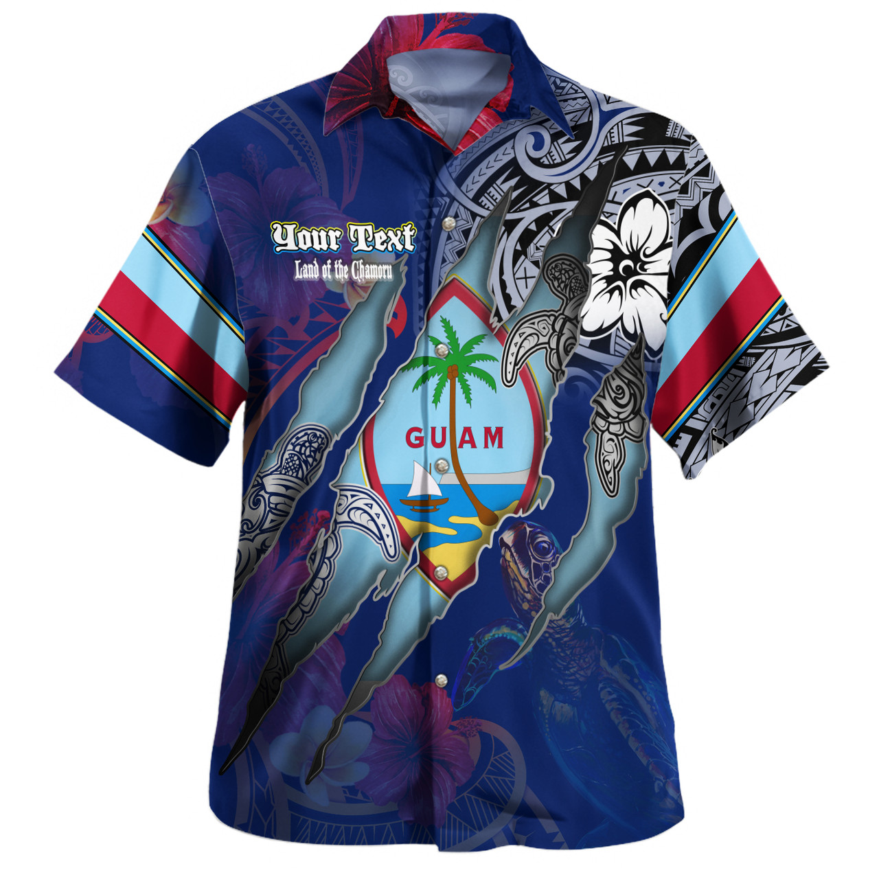 Guam Hawaiian Shirt Custom Chamorro Blood Inside Me Polynesian Sleeve Tattoo Tropical Blue