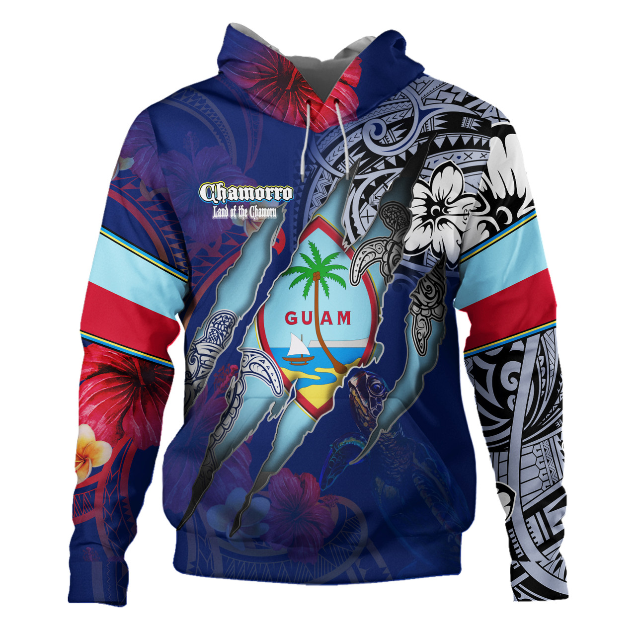 Guam Hoodie Custom Chamorro Blood Inside Me Polynesian Sleeve Tattoo Tropical Blue