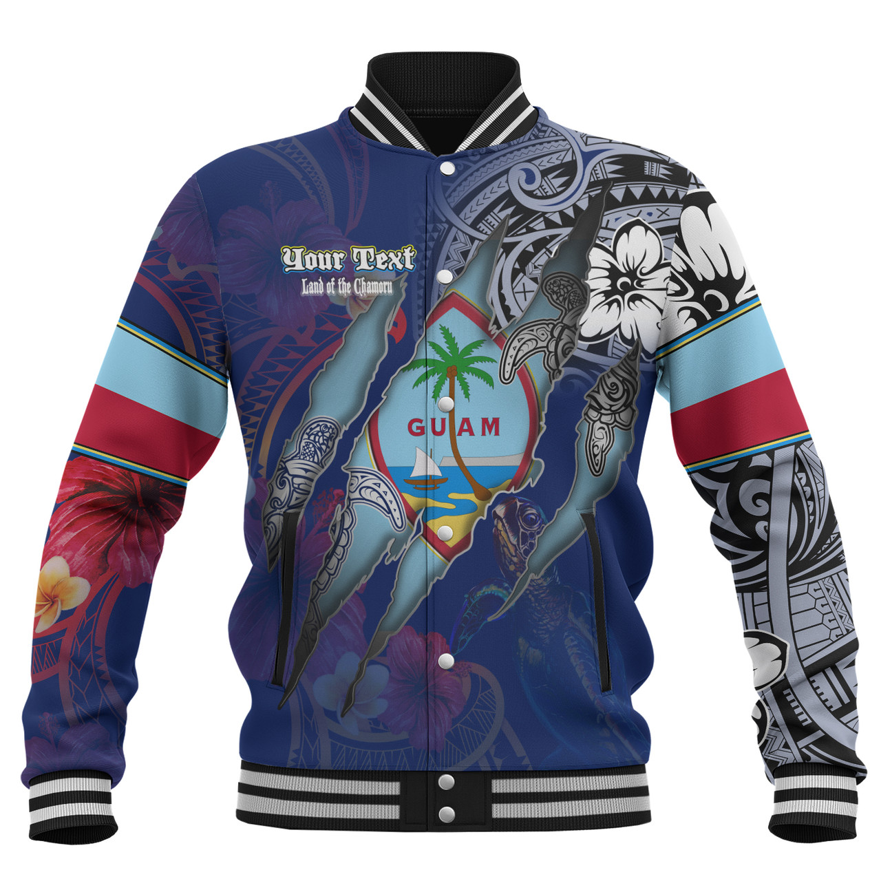 Guam Baseball Jacket Custom Chamorro Blood Inside Me Polynesian Sleeve Tattoo Tropical Blue