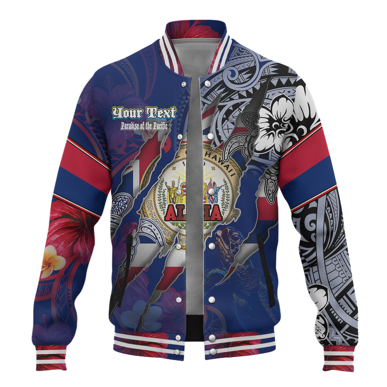 Hawaii Baseball Jacket Custom Hawaiian Blood Inside Me Polynesian Sleeve Tattoo Tropical Blue