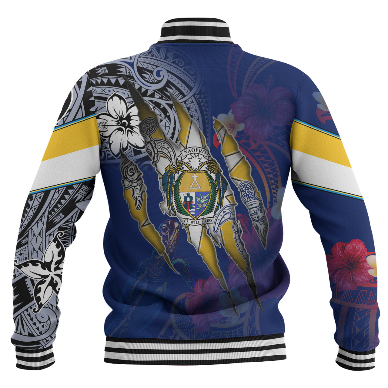 Nauru Baseball Jacket Custom Nauruan Blood Inside Me Polynesian Sleeve Tattoo Tropical Blue