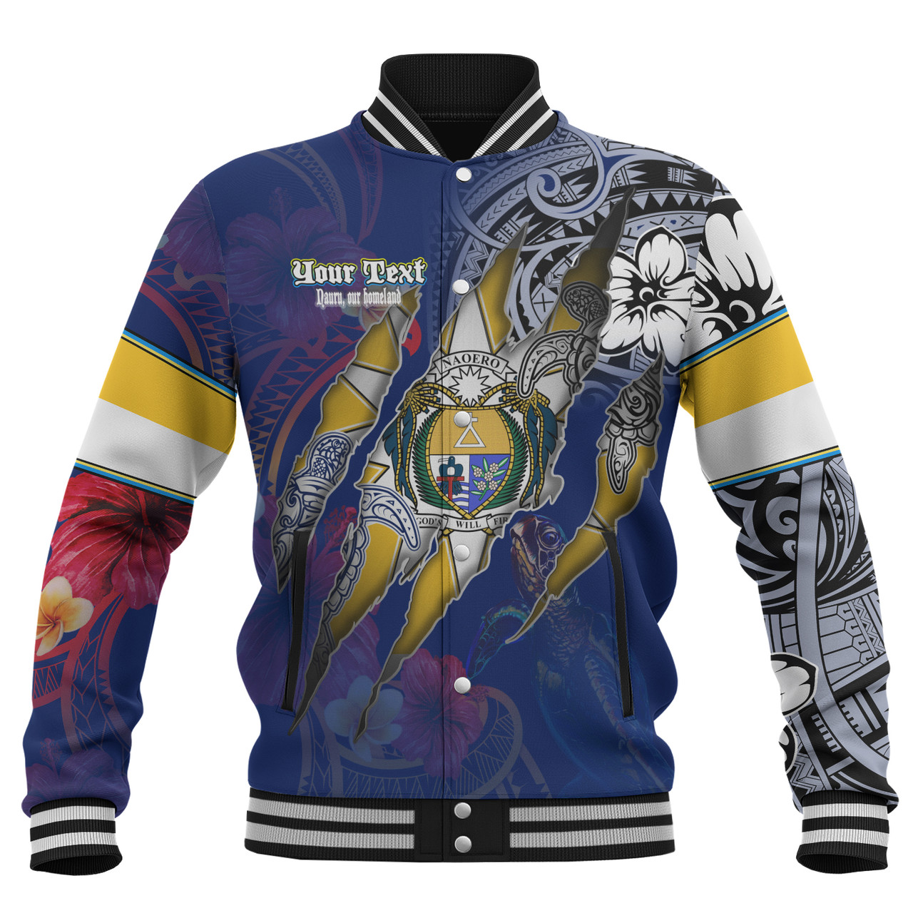 Nauru Baseball Jacket Custom Nauruan Blood Inside Me Polynesian Sleeve Tattoo Tropical Blue