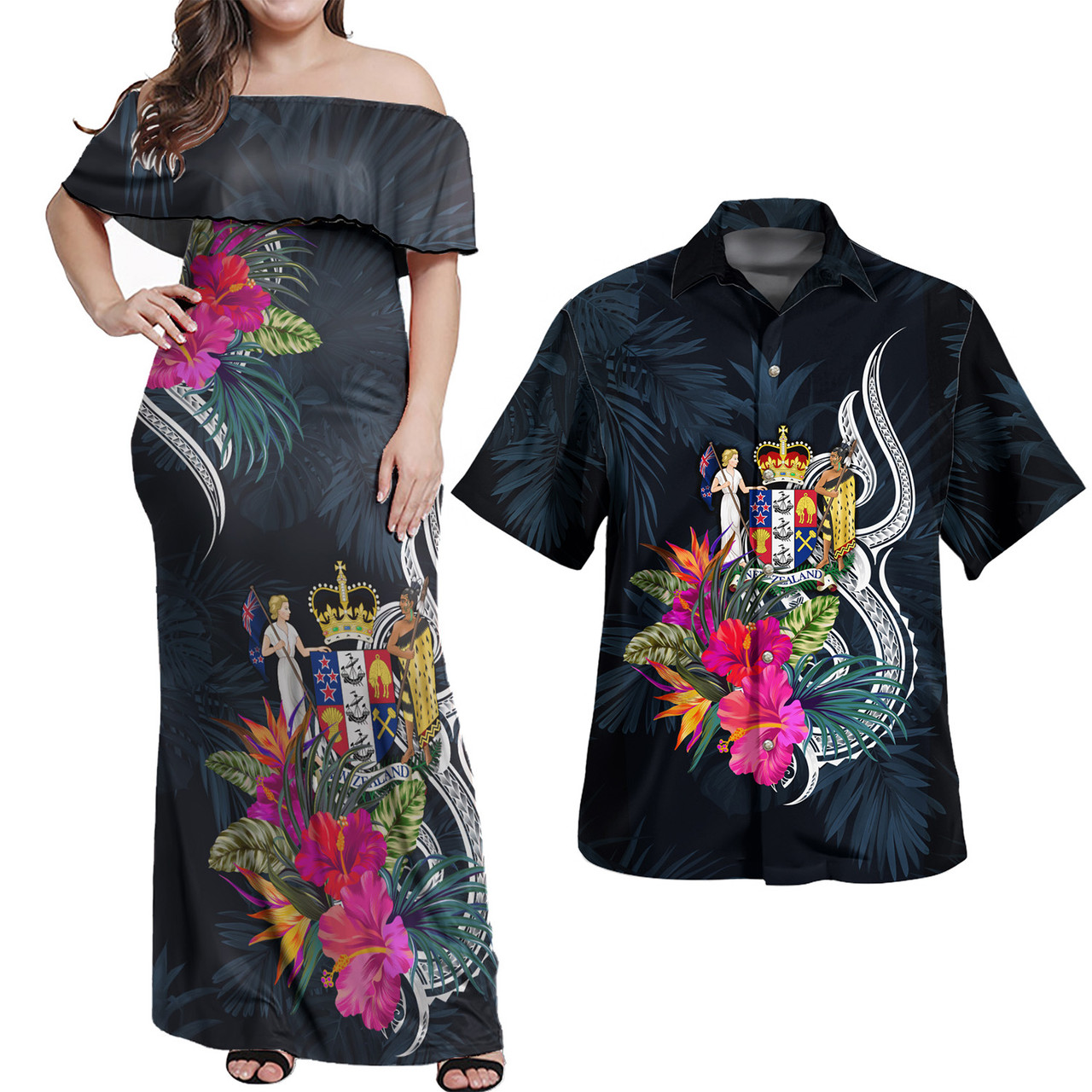 New Zealand Combo Off Shoulder Long Dress And Shirt Tropical Flower
