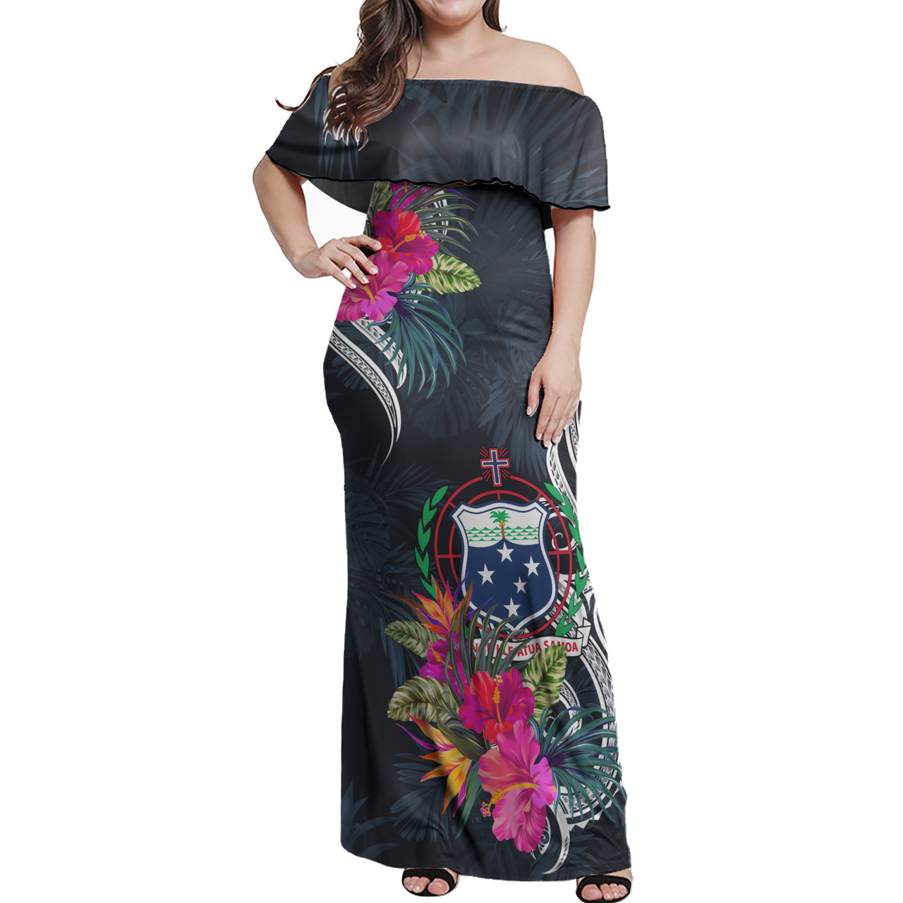 Samoa Combo Off Shoulder Long Dress And Shirt Tropical Flower