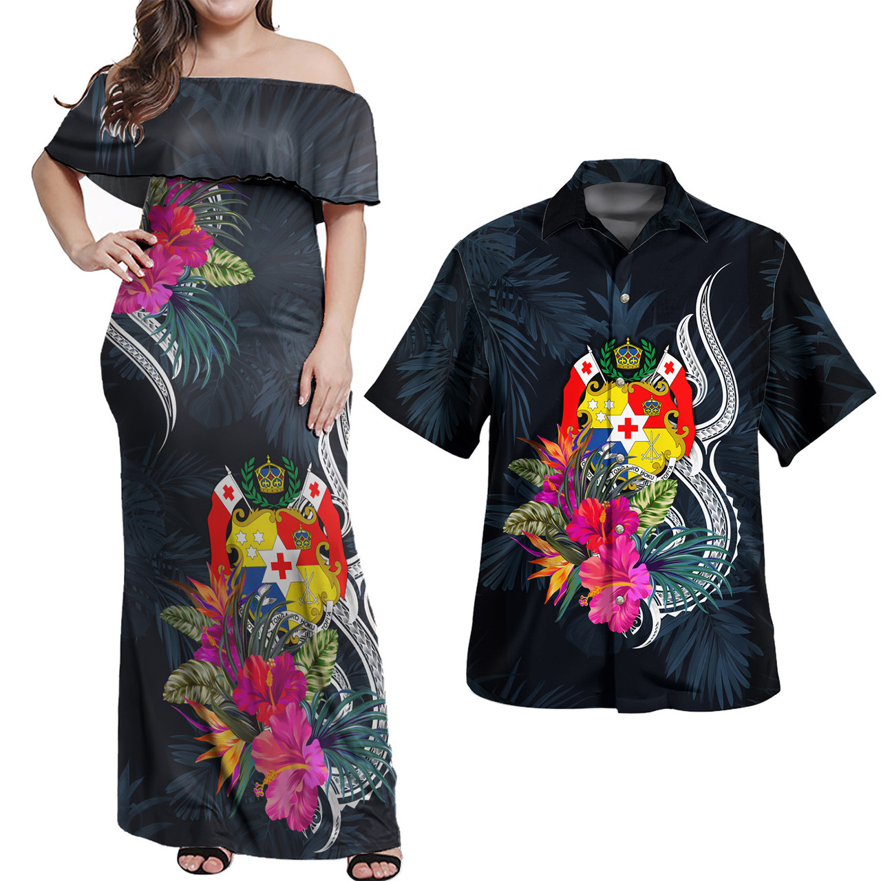 Tonga Combo Off Shoulder Long Dress And Shirt Tropical Flower