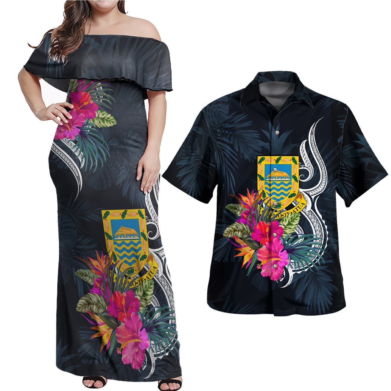 Tuvalu Combo Off Shoulder Long Dress And Shirt Tropical Flower