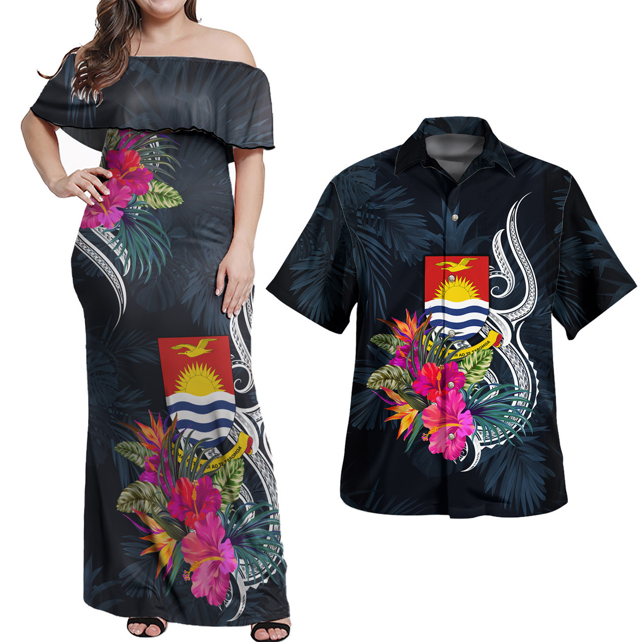 Kiribati Combo Off Shoulder Long Dress And Shirt Tropical Flower