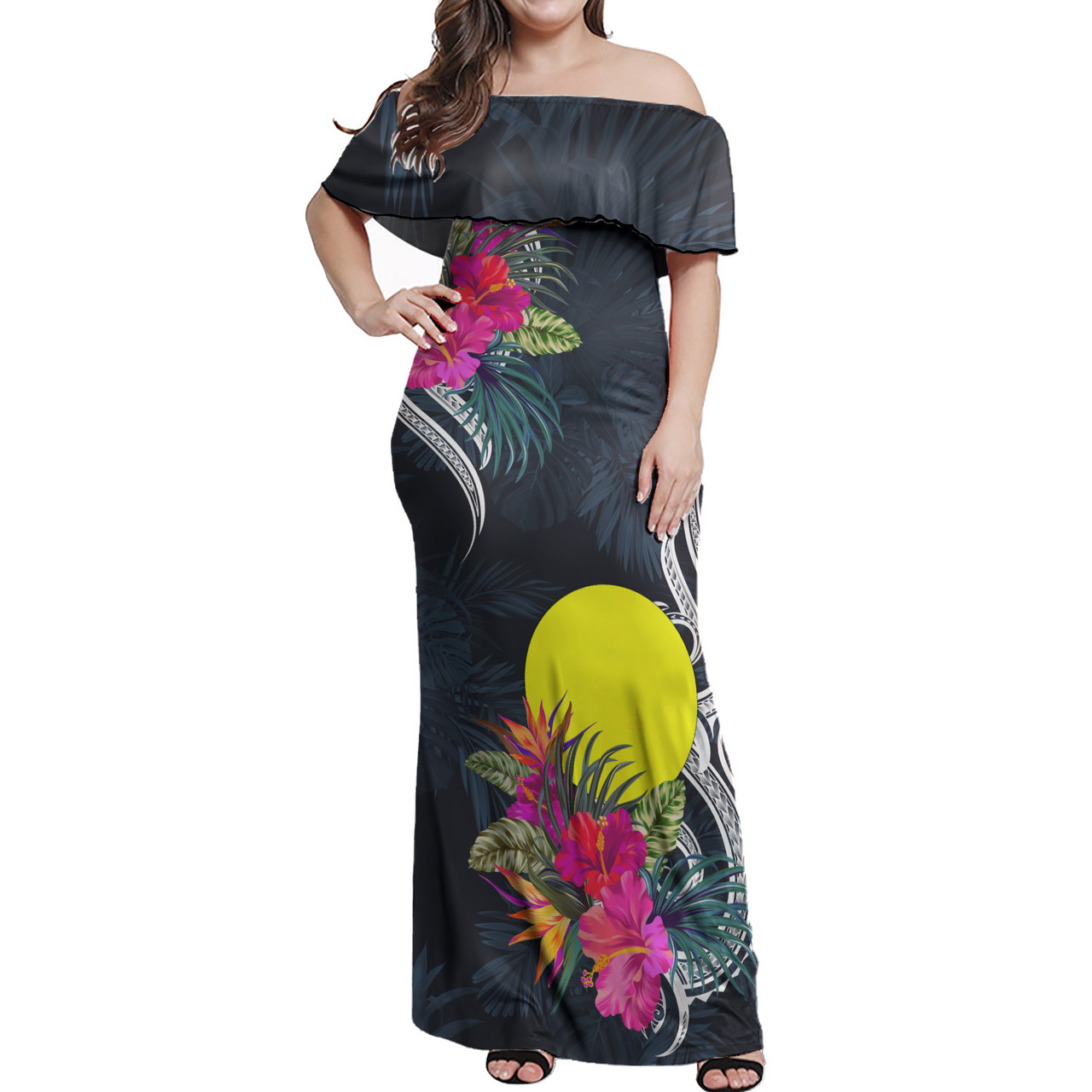 Palau Combo Off Shoulder Long Dress And Shirt Tropical Flower