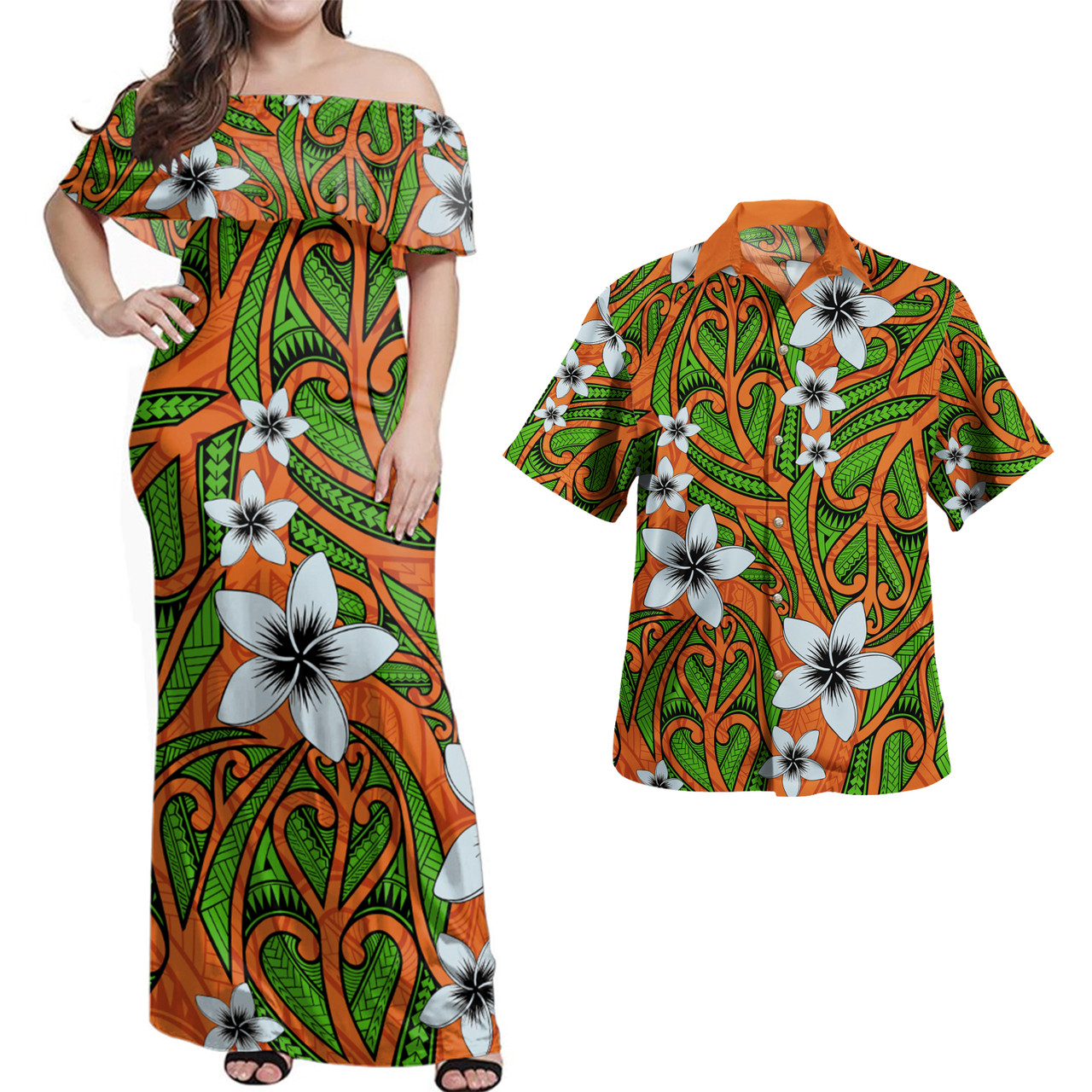 Polynesian Combo Dress And Shirt Hawaiian Maori Pattern Plumeria
