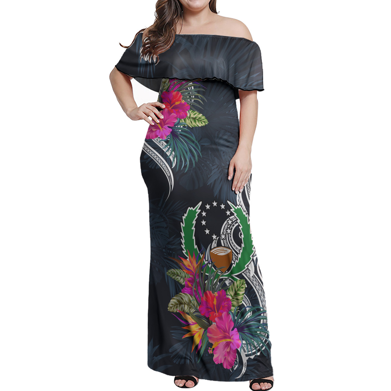 Pohnpei State Combo Off Shoulder Long Dress And Shirt Tropical Flower