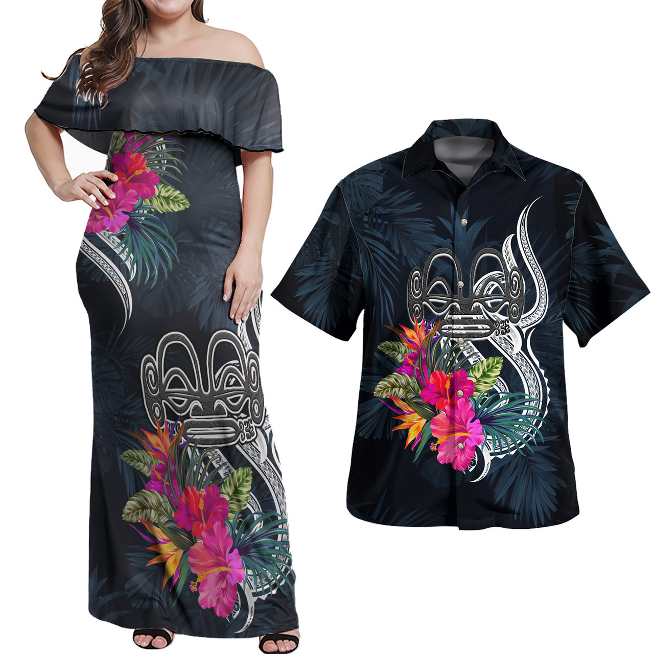 Marquesas Islands Combo Off Shoulder Long Dress And Shirt Tropical Flower