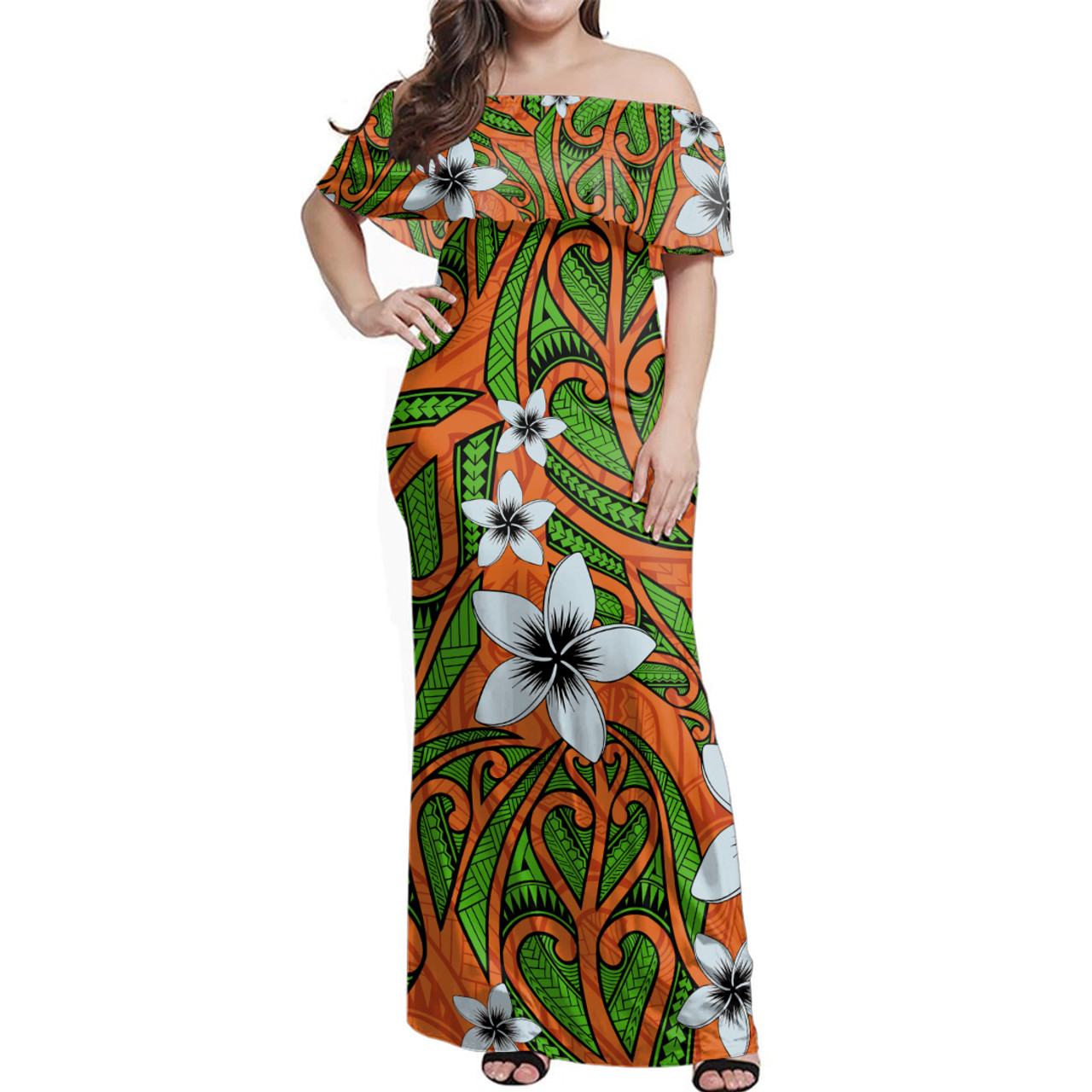 Polynesian Woman Off Shoulder Long Dress Maori Pattern Plumeria