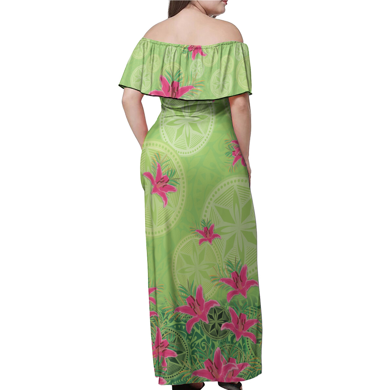 New Zealand Off Shoulder Long Dress Lilies With Polynesian Pattern
