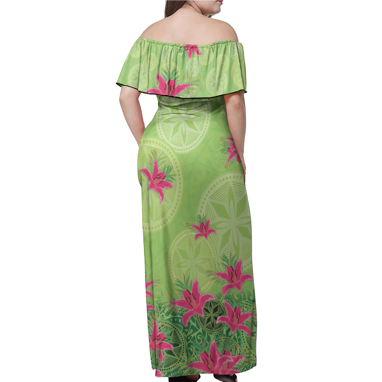 Samoa Off Shoulder Long Dress Lilies With Polynesian Pattern