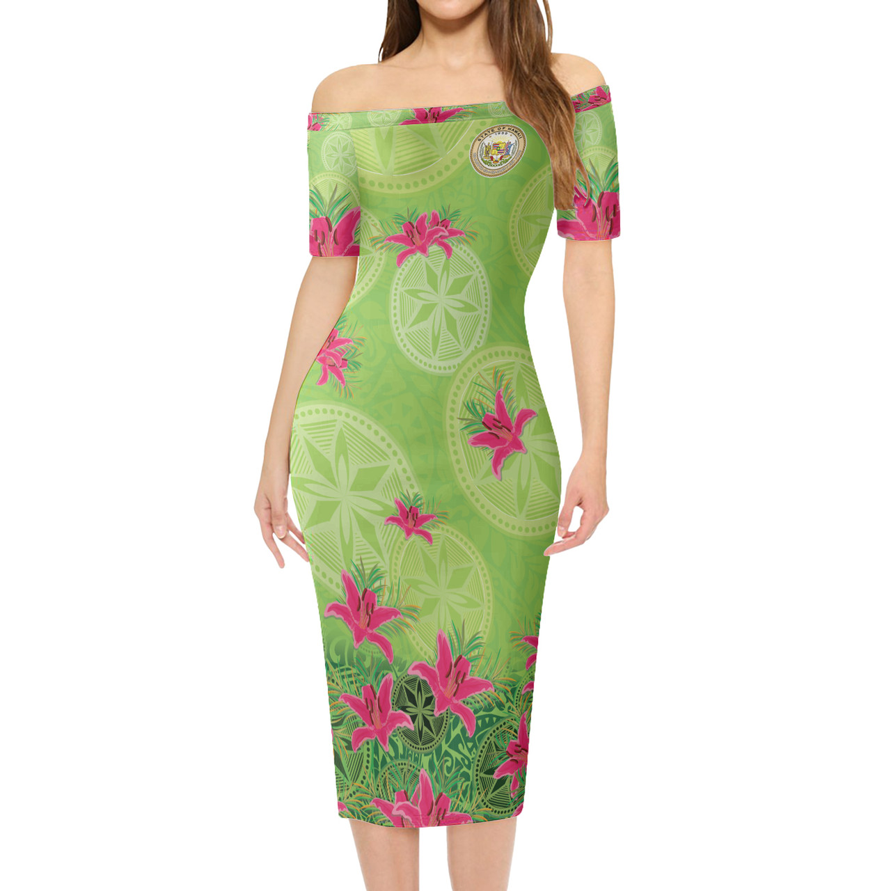 Hawaii Short Sleeve Off The Shoulder Lady Dress Lilies With Polynesian Pattern