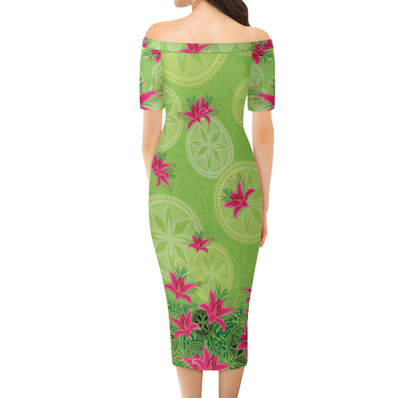 Philippines Filipinos Short Sleeve Off The Shoulder Lady Dress Lilies With Polynesian Pattern