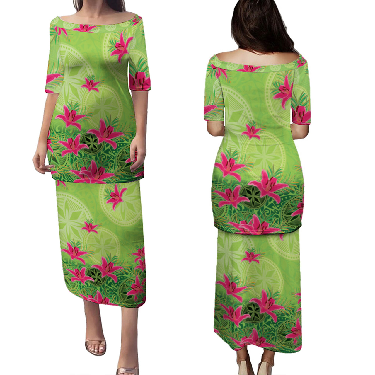 Hawaii Combo Puletasi And Shirt Lilies With Polynesian Pattern