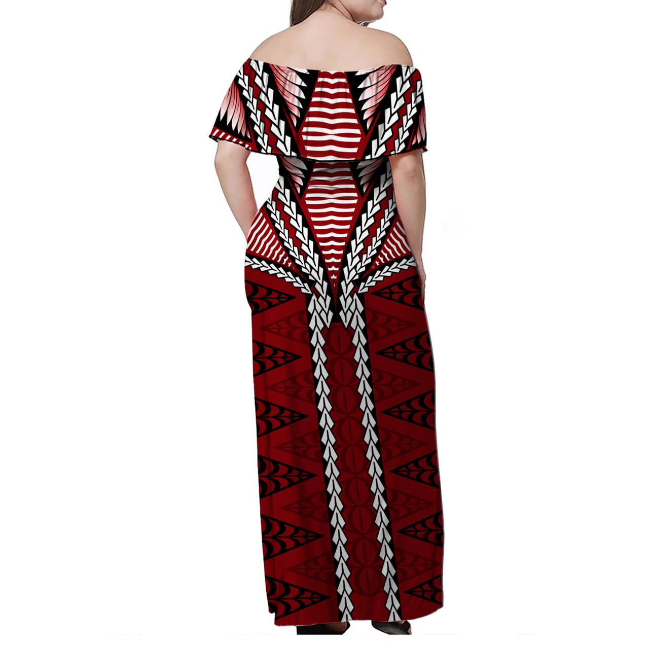 Tonga Off Shoulder Long Dress Tongan Ngatu Pattern