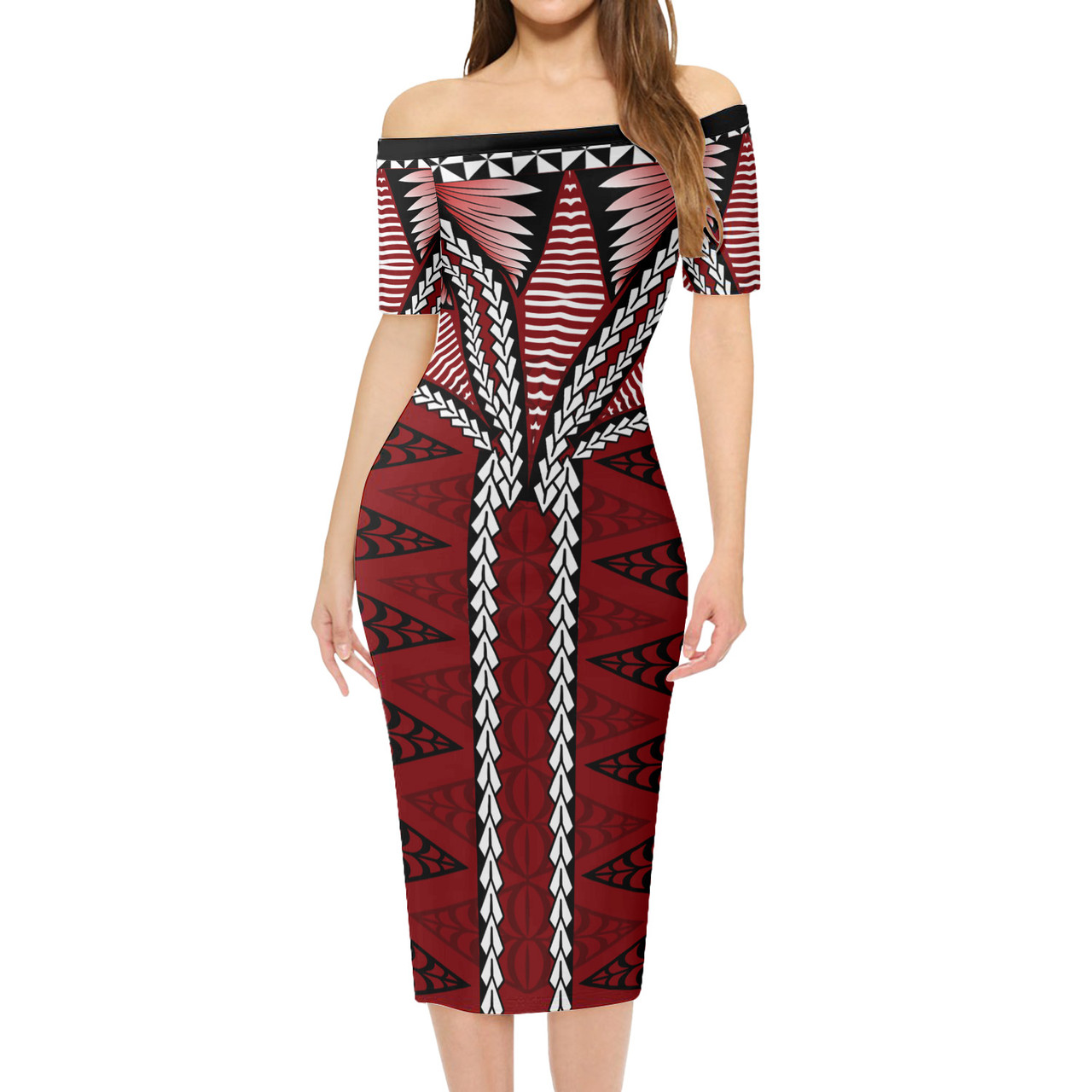 Tonga Short Sleeve Off The Shoulder Lady Dress Tongan Ngatu Pattern