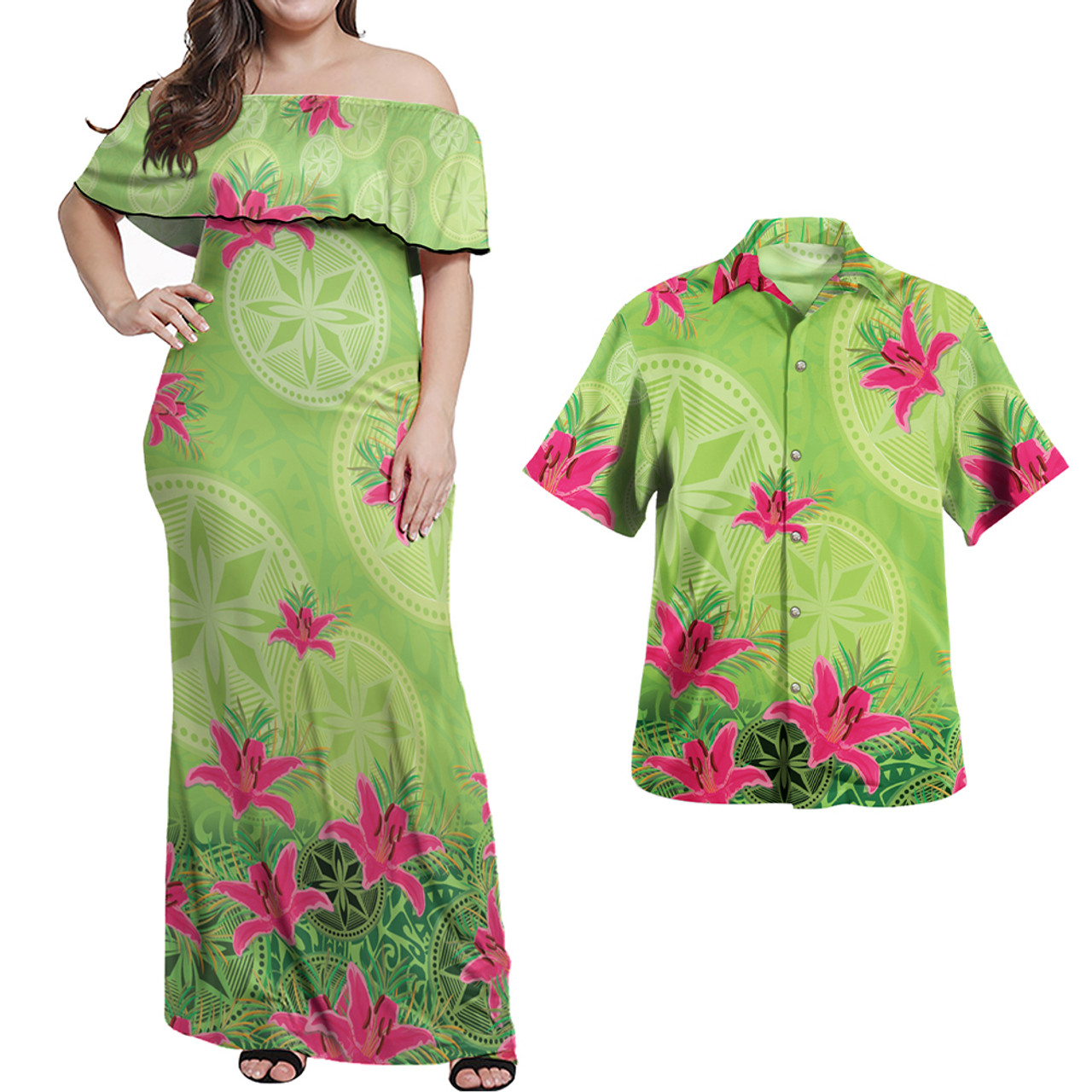 Hawaii Combo Off Shoulder Long Dress And Shirt Lilies With Polynesian Pattern